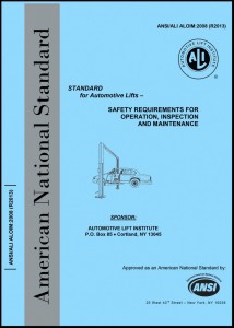 Blue book titled “Standard for Automotive Lifts – Safety Requirements for Operation, Inspection and Maintenance”