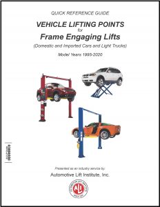 White book with three vehicles on lifts under the words “Vehicle Lifting Points for Frame Engaging Lifts”
