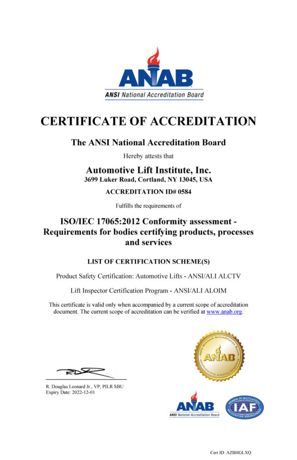 Auto Lift Institute ANSI Certification Program